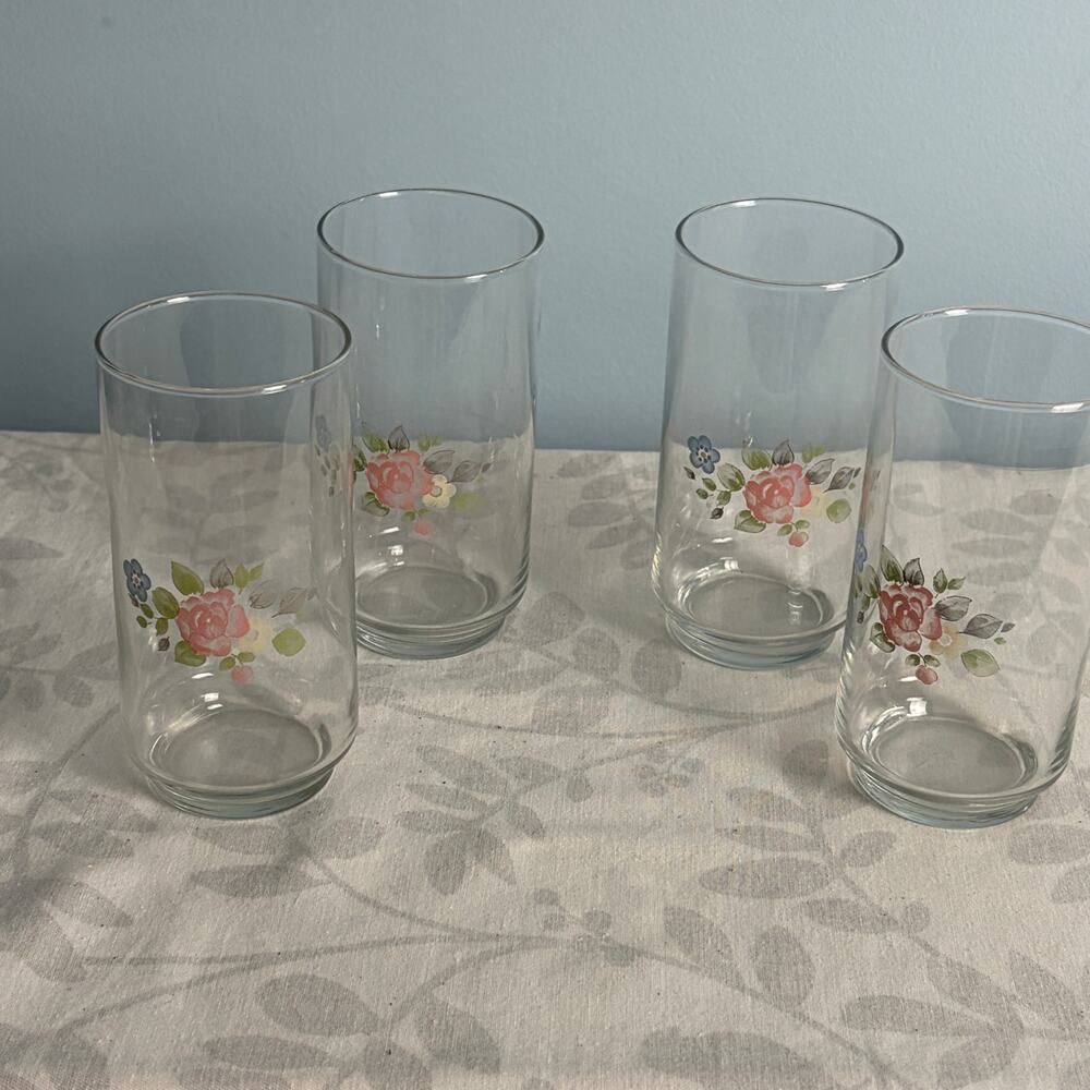 Cottagecore Anchor Hocking Rose Floral Tumblers Set of 4 Vintage Grandmillenial